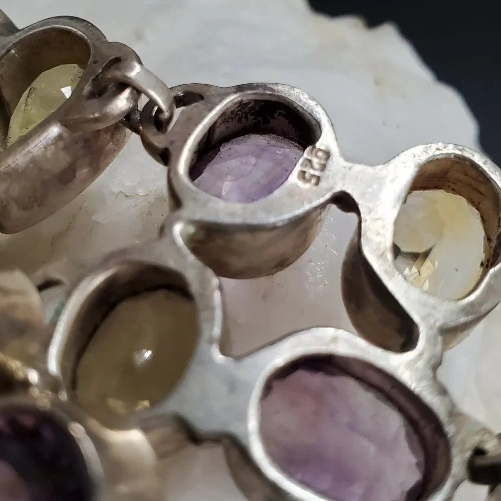 Heavy Sterling Silver Bracelet 925 Genuine Gem Amethyst Citrine Chocolate Topaz